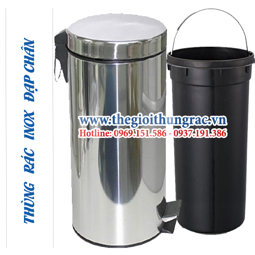 thung rac 30L inox dap chan Thùng rác inox dung tích 30 lít đạp chân + xô nhựa dễ vệ sinh