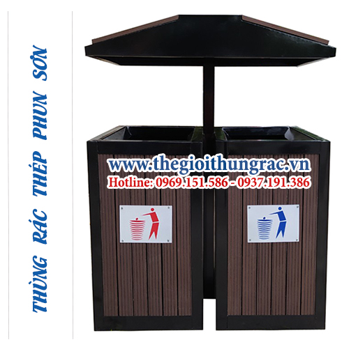 thung rac 2 ngan hinh mai nha co gat tan Thùng rác 2 ngăn phân loại rác kèm gạt tàn thuốc lá, có mái che
