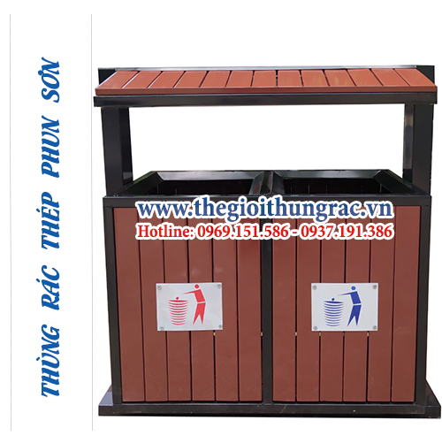 thung rac ngoai troi 2 ngan hinh mai nha Thùng rác 2 ngăn phân loại rác dùng nơi ngoài trời có mái che