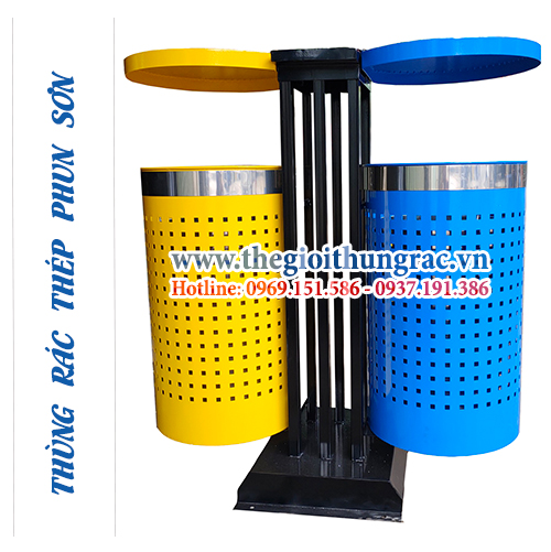 thung rac treo doi bang thep Thùng rác 2 ngăn phân loại rác thép dạng treo đôi